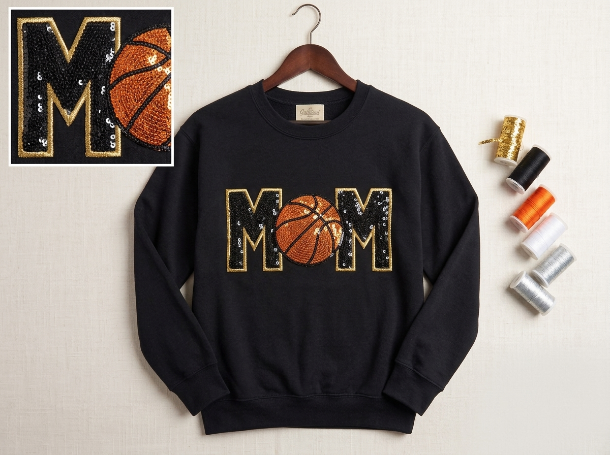 "MOM" Customizable Sequin Basketball Sweatshirt