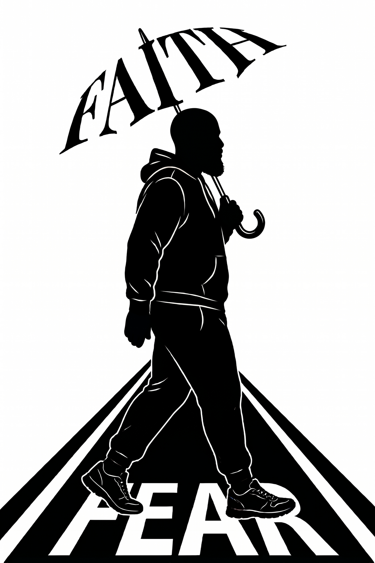 Black and white graphic design featuring a silhouette of a man walking under an umbrella, with the word 'FAITH' arched above and 'FEAR' at the bottom over a road-like perspective.