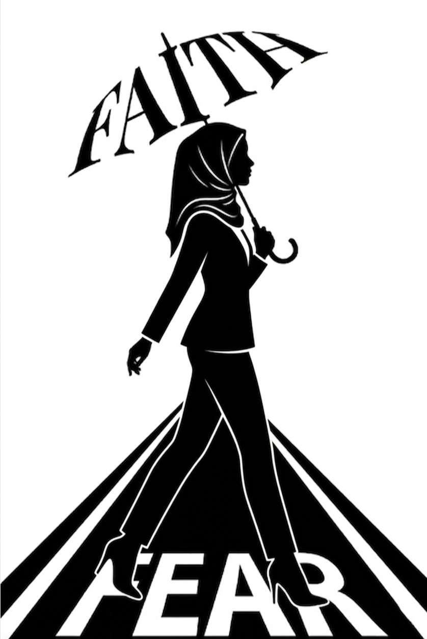 Black and white graphic art print featuring a silhouette of a woman in a hijab walking across a street while holding an umbrella. The word 'FAITH' is written in stylized letters at the top, and 'FEAR' is written across the bottom over diagonal street lines.