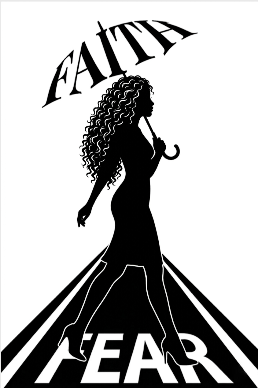 Black and white graphic art print featuring a silhouette of a woman with long curly hair walking across a street while holding an umbrella. The word 'FAITH' is written in stylized letters at the top, and 'FEAR' is written across the bottom over diagonal street lines.