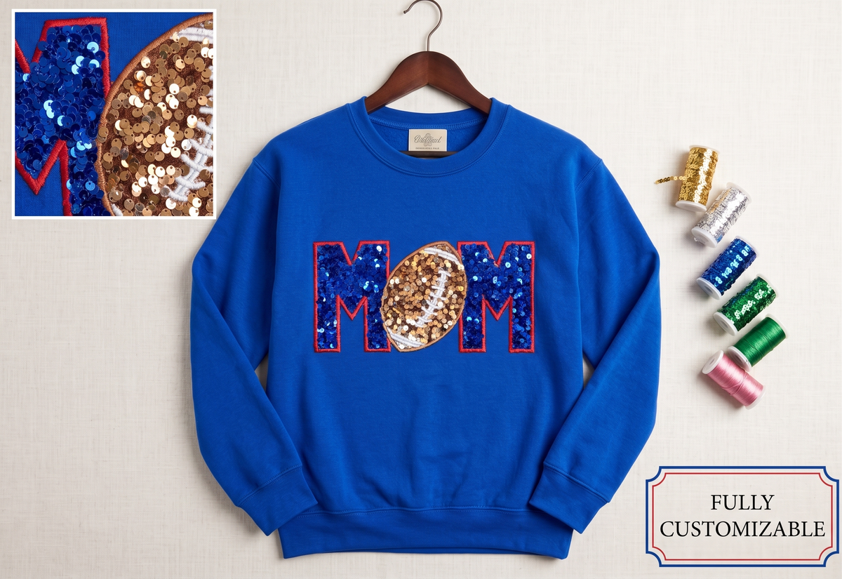 "MOM" Customizable Sequin Football Sweatshirt